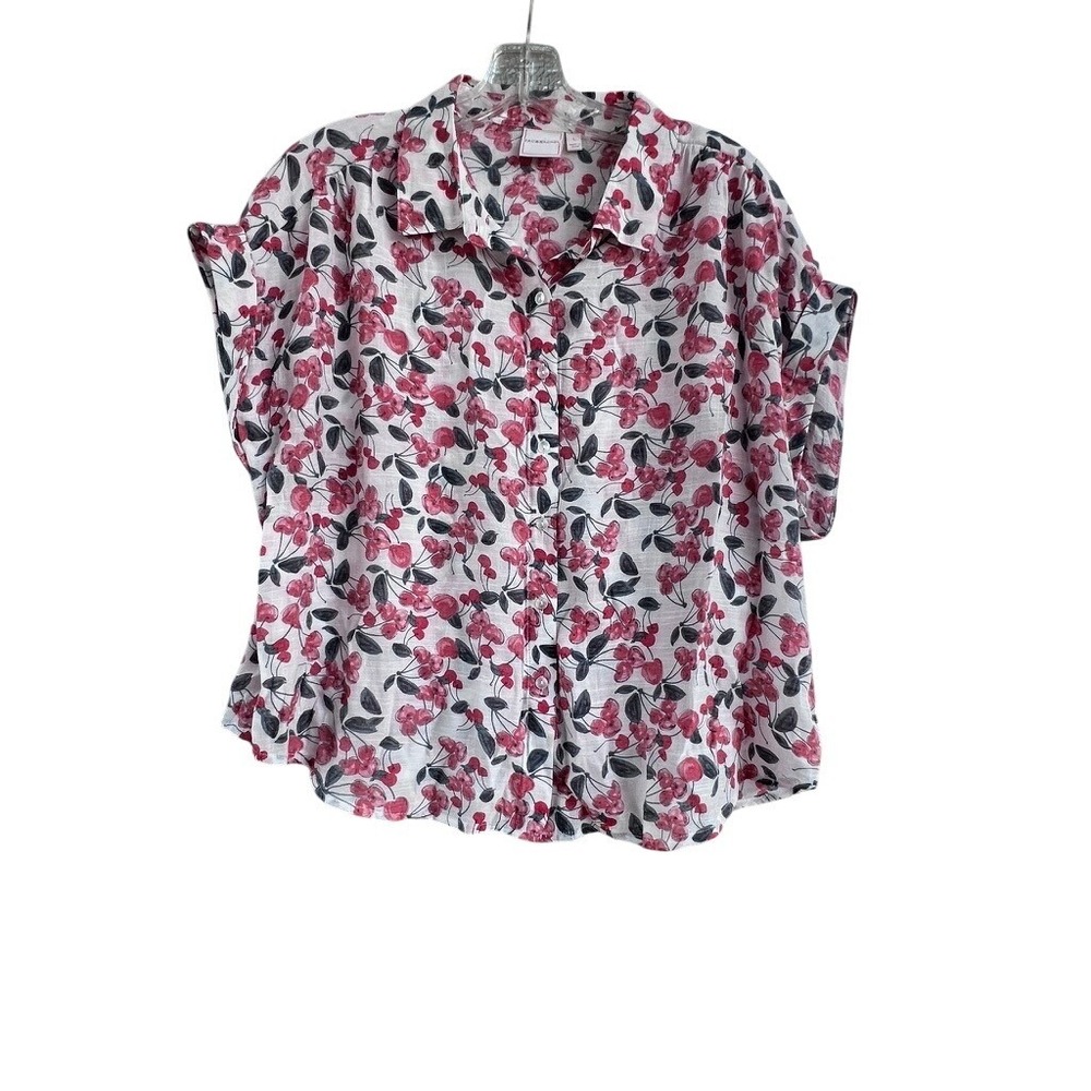 Zac & Rachel Womens‎ Large Red Cherry Print Short Sleeve Button Down Blouse Top